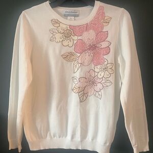 Alfred Dunner Cream Sweater with Pink Floral Design